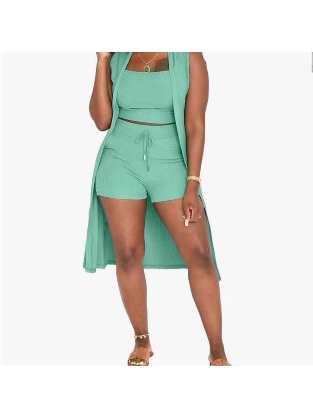 3 piece short set with knee length sleeveless duster